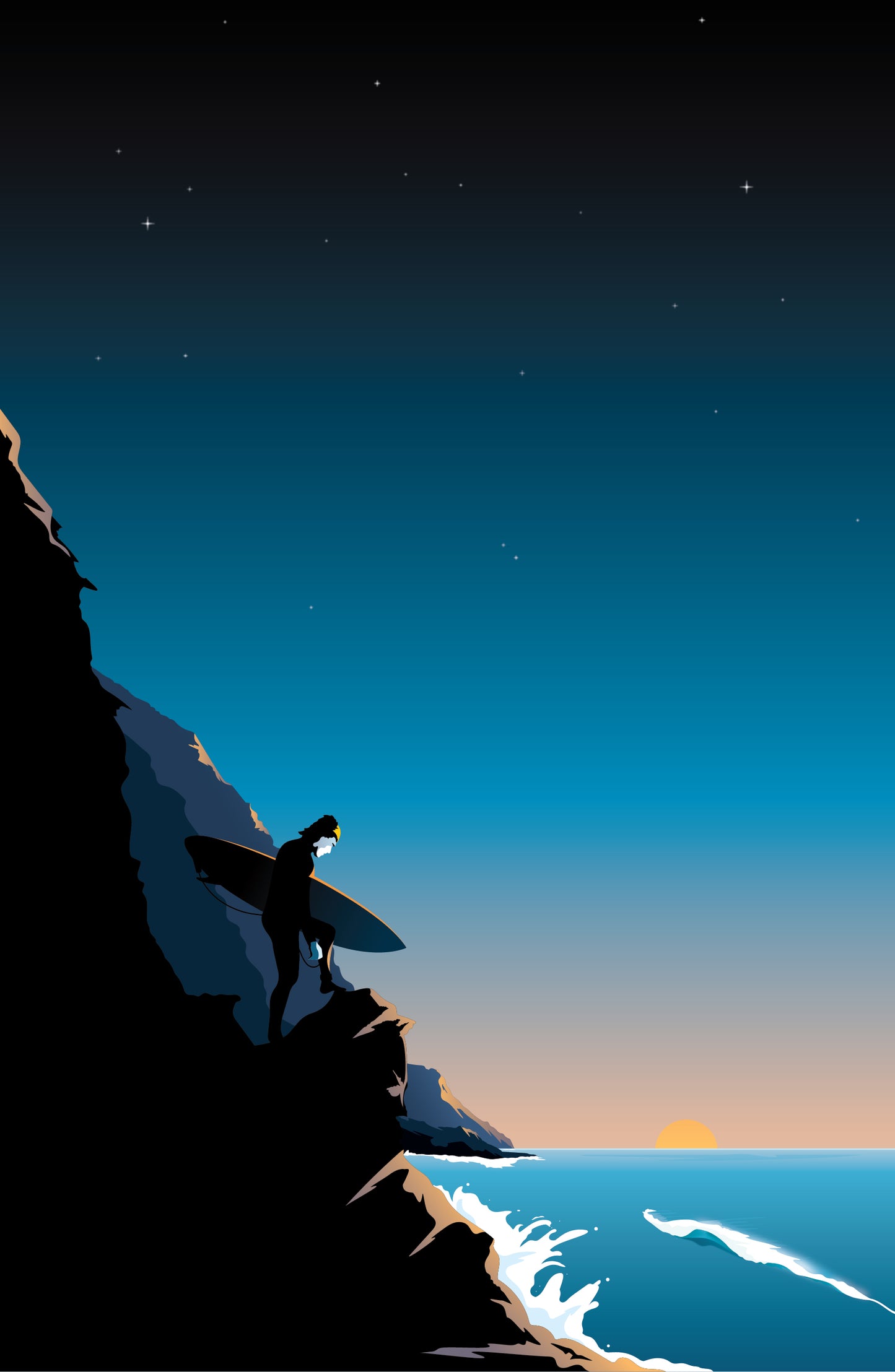 Dawn Surfer on the Rocks