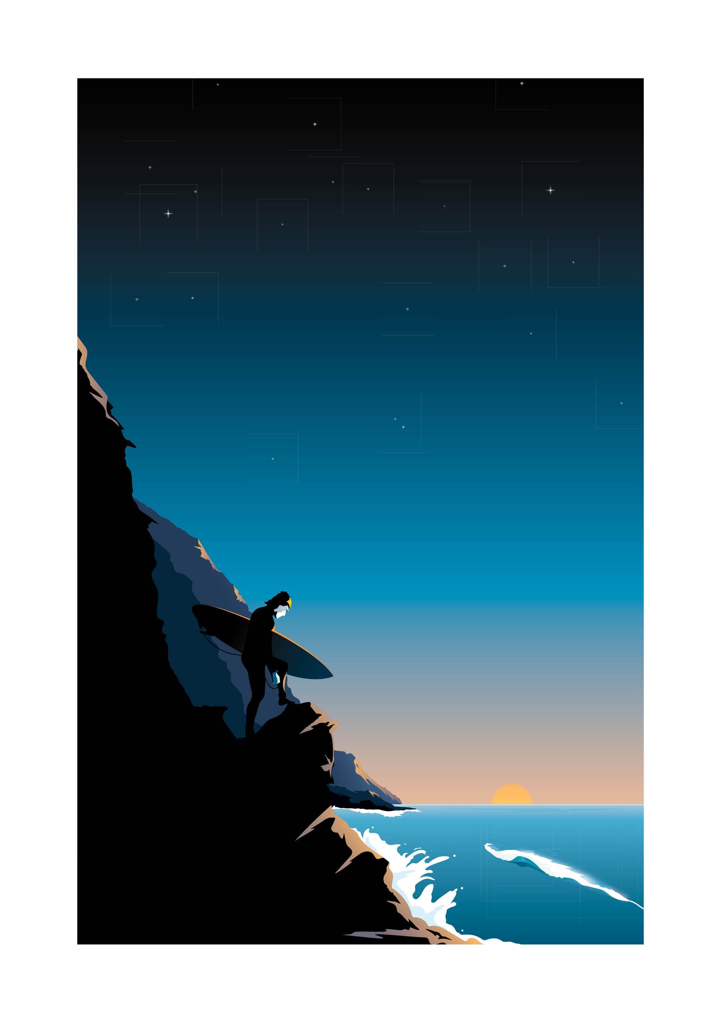 Dawn Surfer on the Rocks